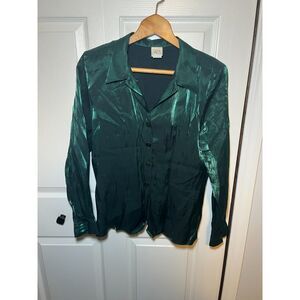 Vintage M.J. Carroll Emerald Green Shimmer Blouse Women's Large USA Made Y2K